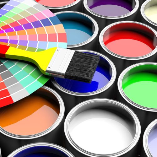 Paint colors catalogue and brush on paint cans background. 3d illustration